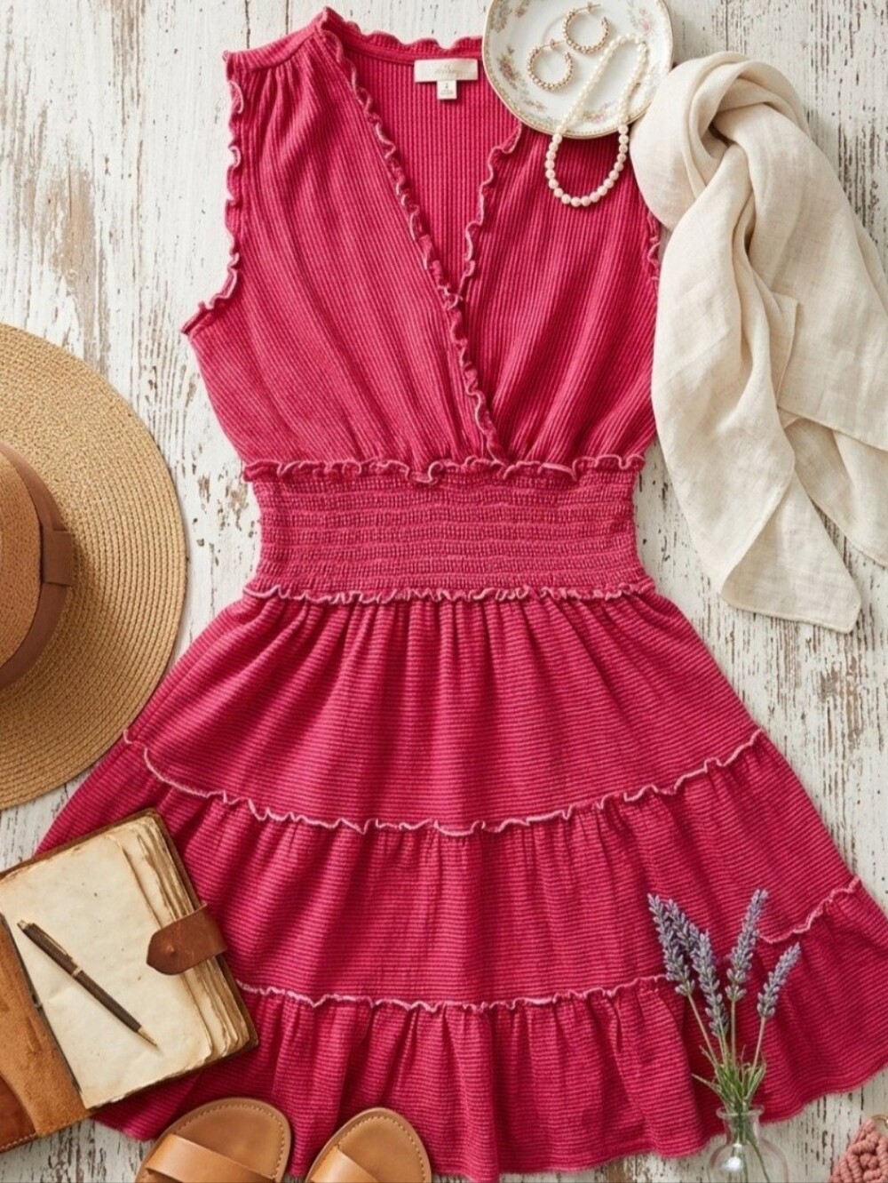 Max Studio Red Striped Sleeveless Smocked Waist Ruffle Tiered Mini Dress